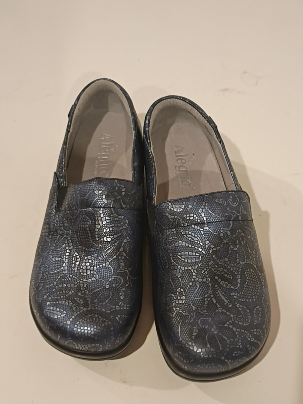 Alegria Navy Floral-Accent Slip-On Loafers